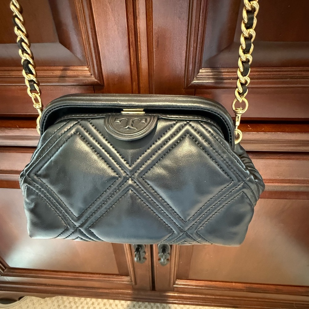 Tory Burch Black Quilted Crossbody with Gold Chain